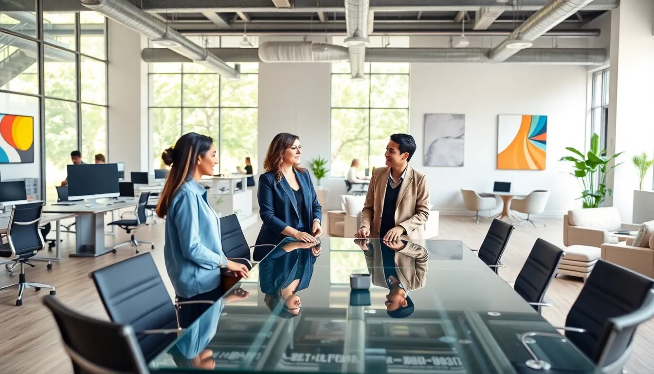 modern corporate office with collaborative spaces and natural lighting.