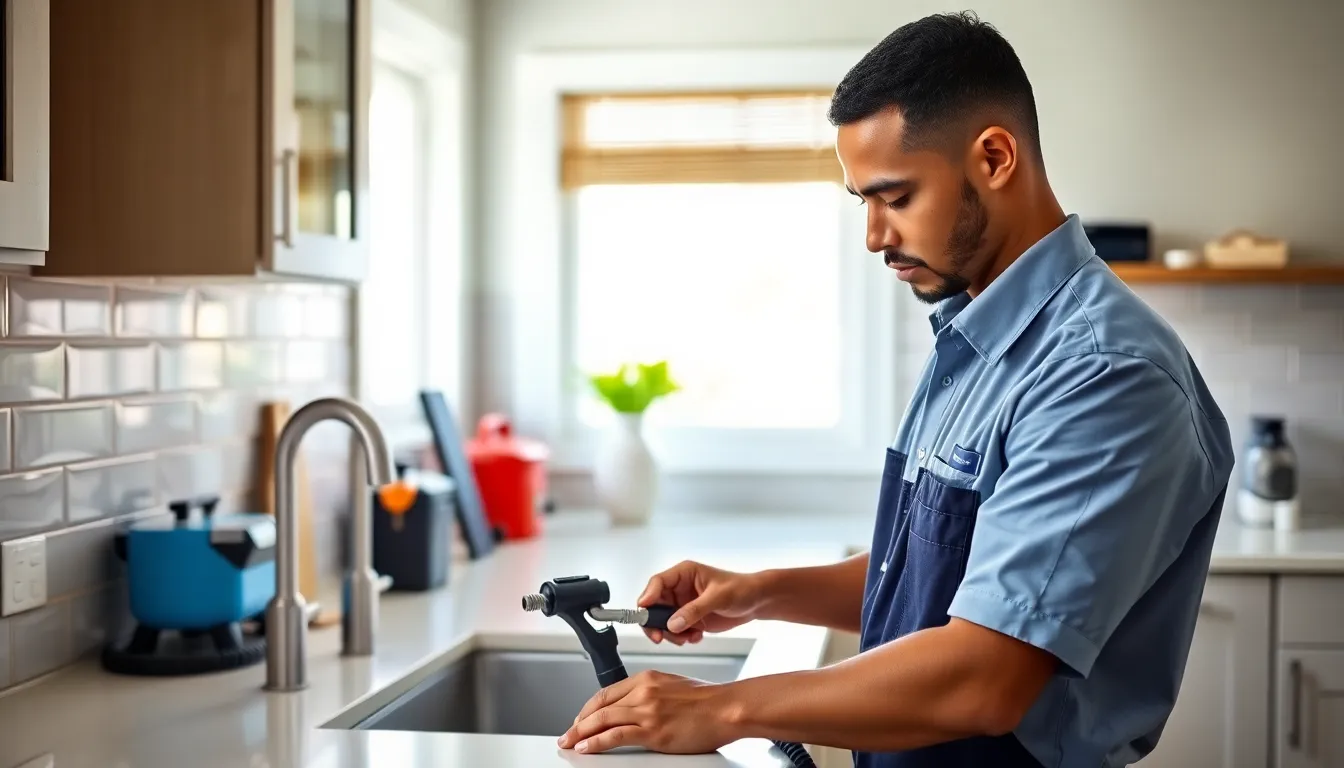 Technician using hydro jetting equipment in a modern kitchen.