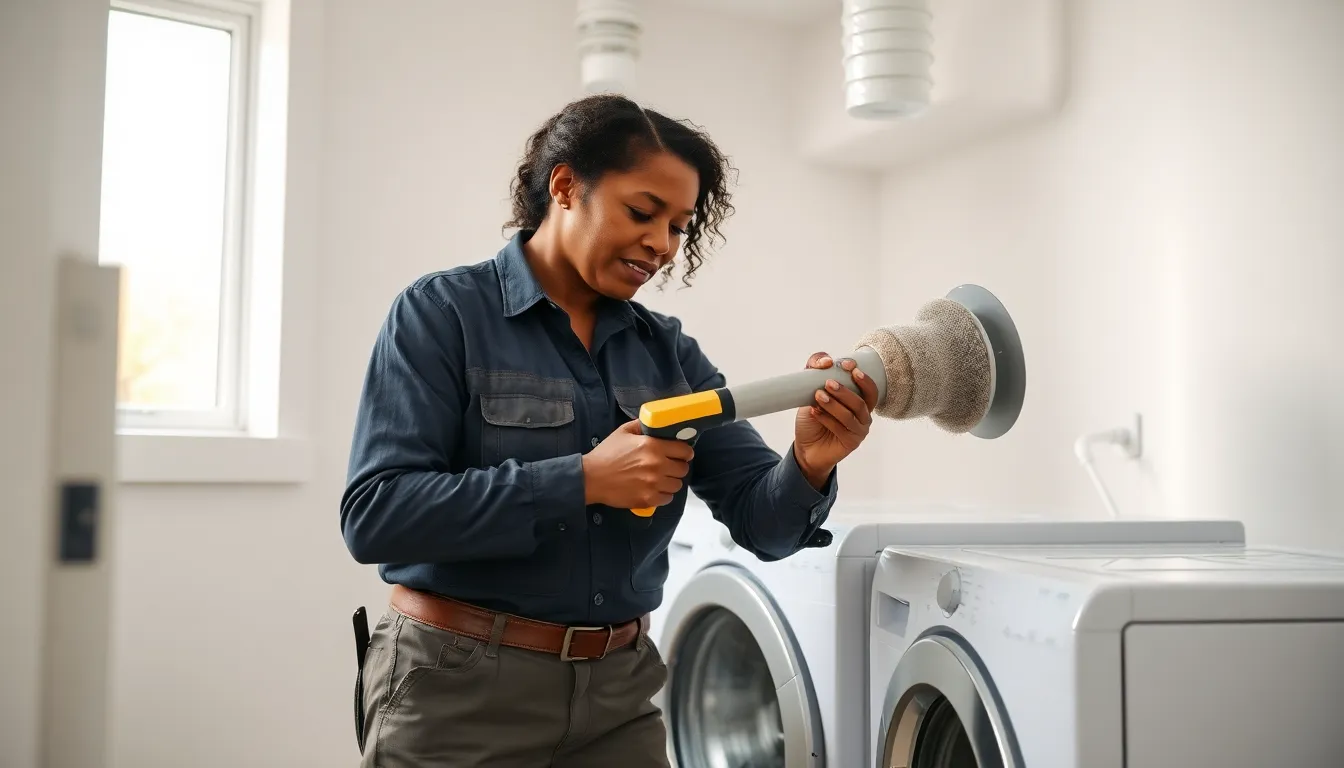 technician cleaning a dryer exhaust vent in a modern laundry room.