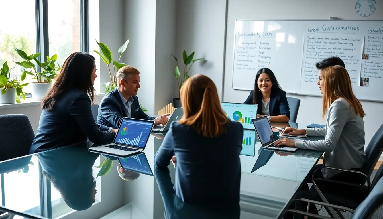 diverse real estate team discussing sustainability trends in a modern office.