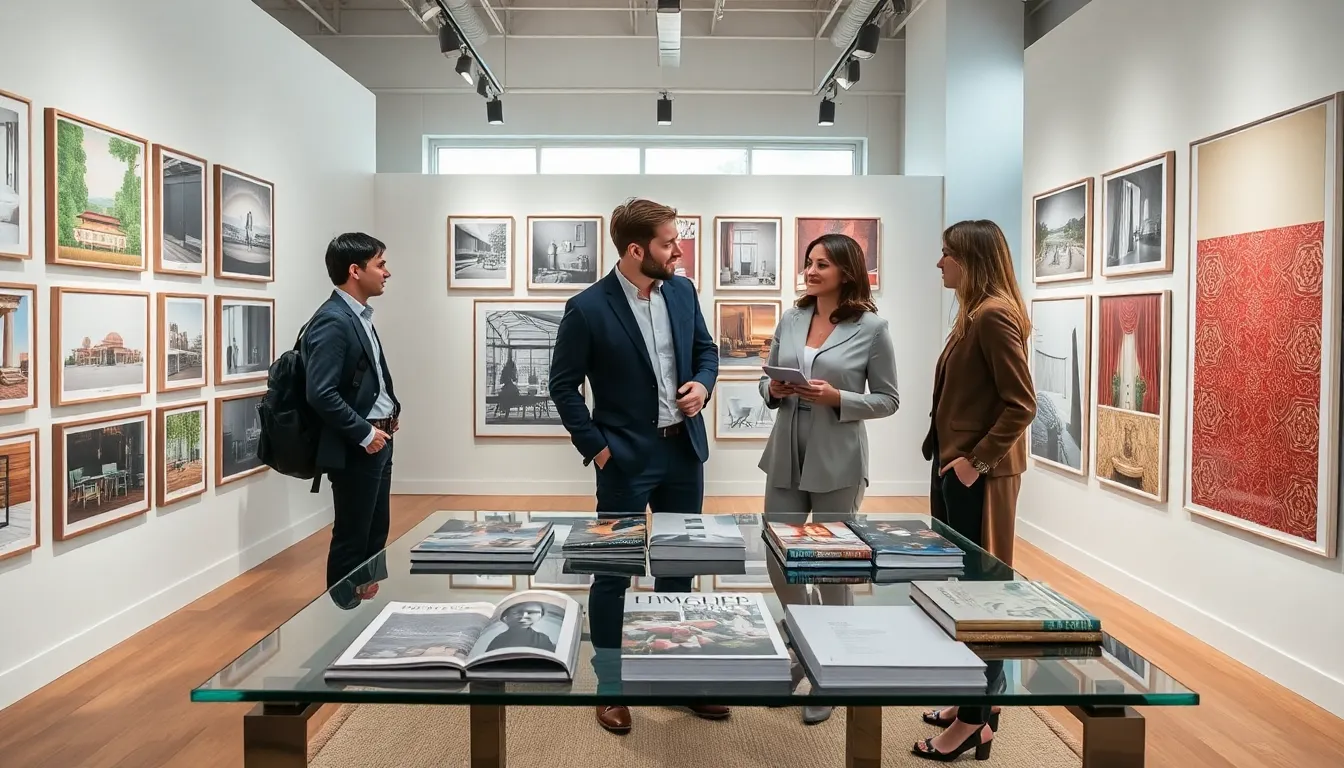 designers discussing diverse interior styles in a chic gallery setting.