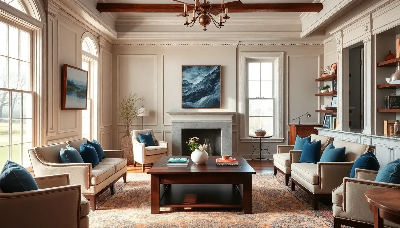 stylishly designed interior showcasing a blend of traditional and modern elements.