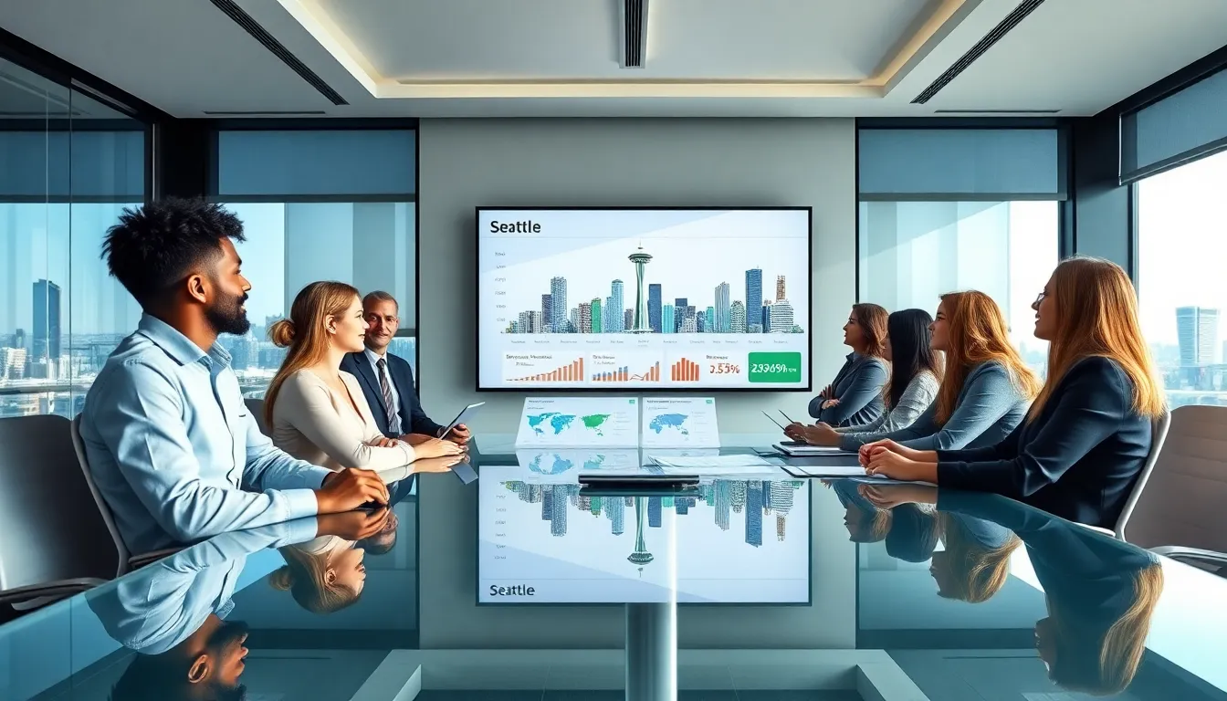 diverse professionals discussing Seattle real estate market trends in a modern office.