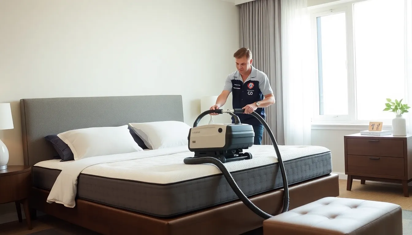 professional cleaner servicing a mattress in a modern bedroom.