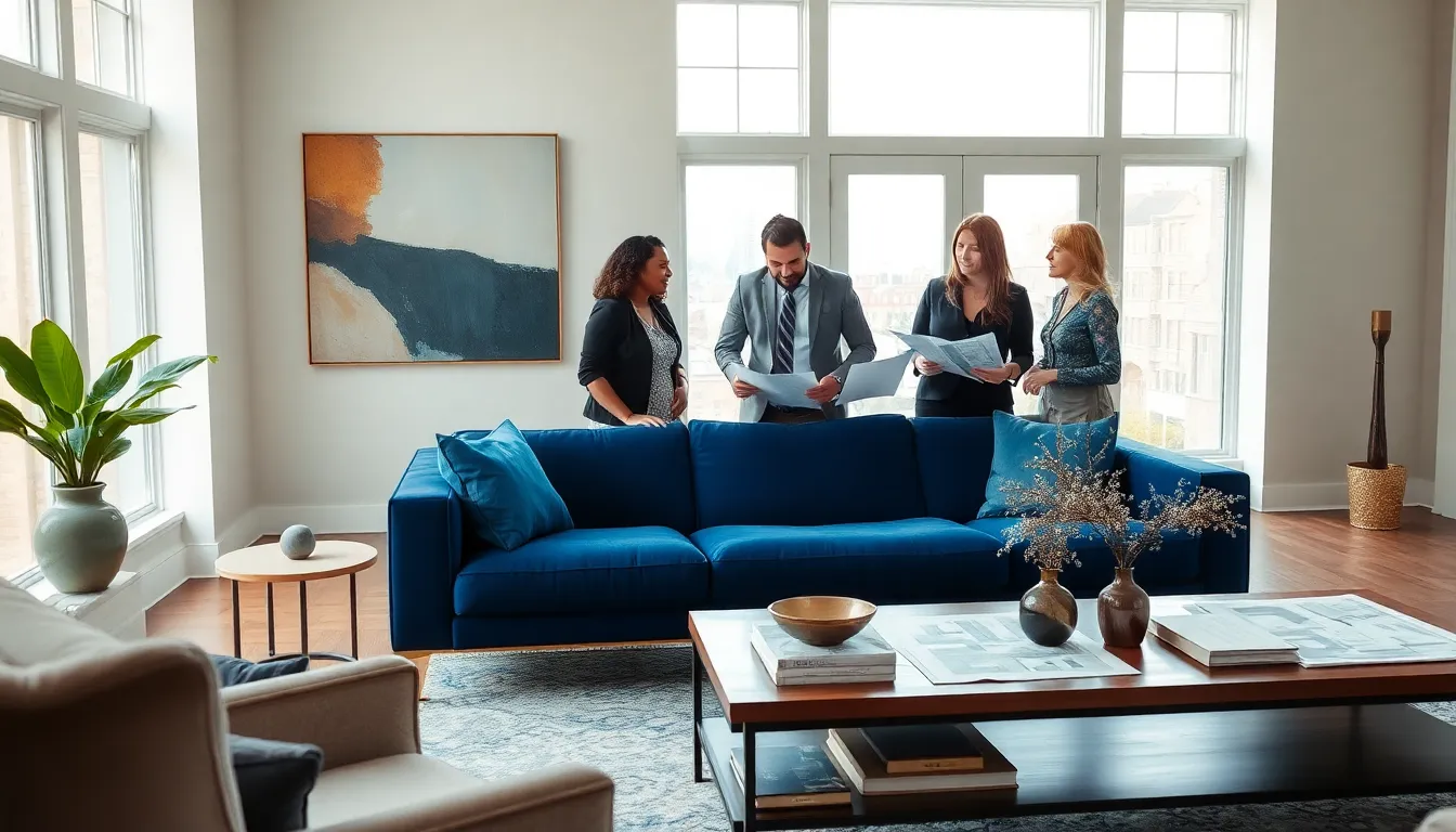 diverse team collaborating in a stylish interior design setting.