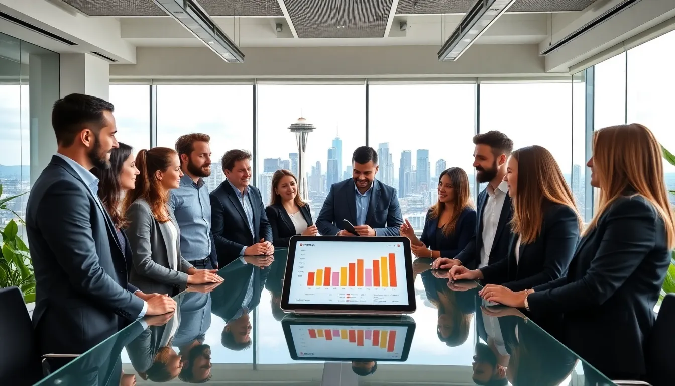 diverse team discussing Seattle real estate trends in a modern office.