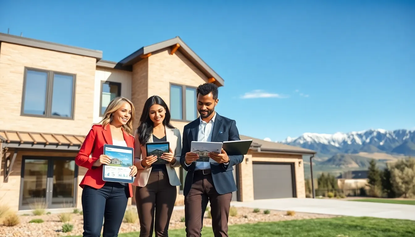 diverse team discussing Colorado real estate trends in front of a modern home.