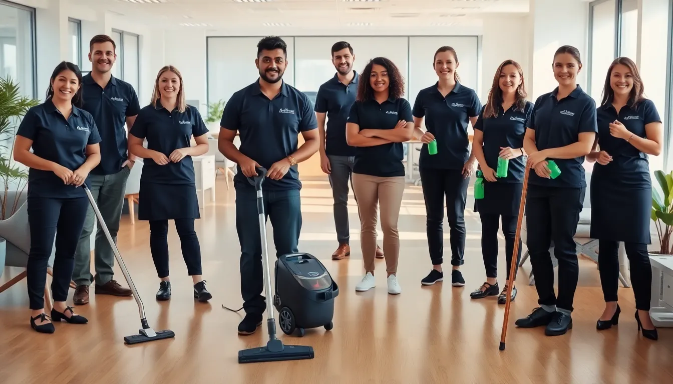 diverse cleaning staff working in a bright modern office.