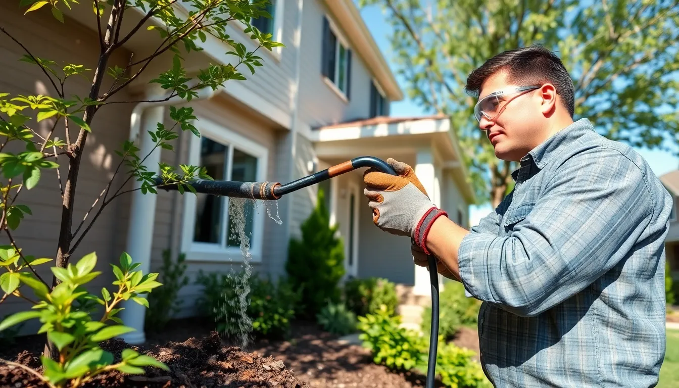 Technician cleaning a downspout in a residential yard.