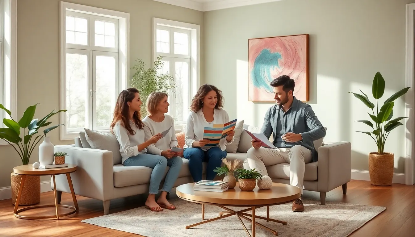 people choosing paint colors in a modern living room.